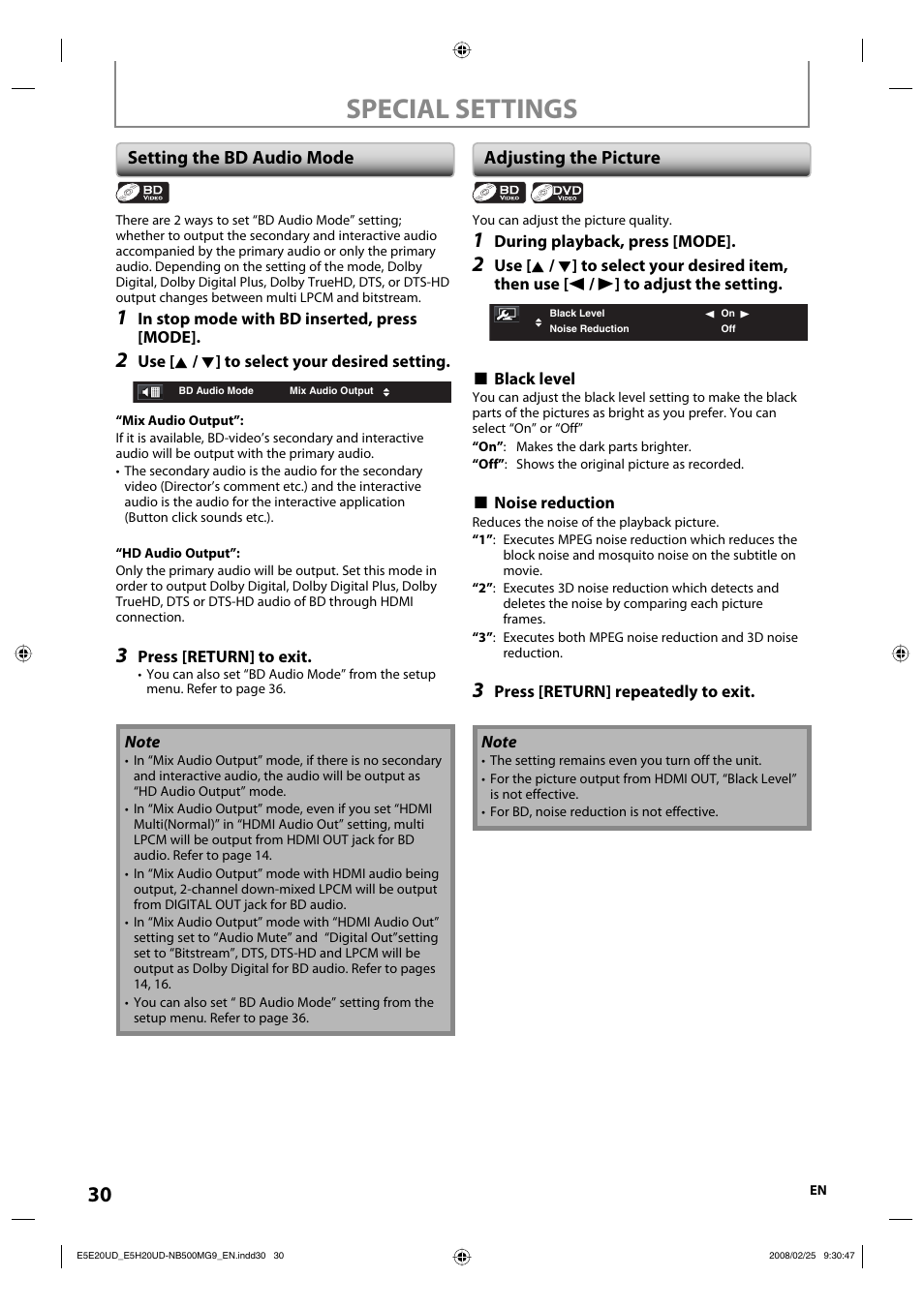 Special settings, Setting the bd audio mode, Adjusting the picture | Philips Magnavox NB500MG9 User Manual | Page 30 / 50