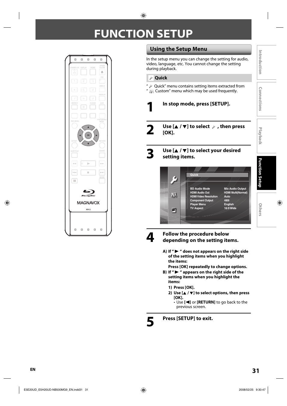 Function setup | Philips Magnavox NB500MG9 User Manual | Page 31 / 50