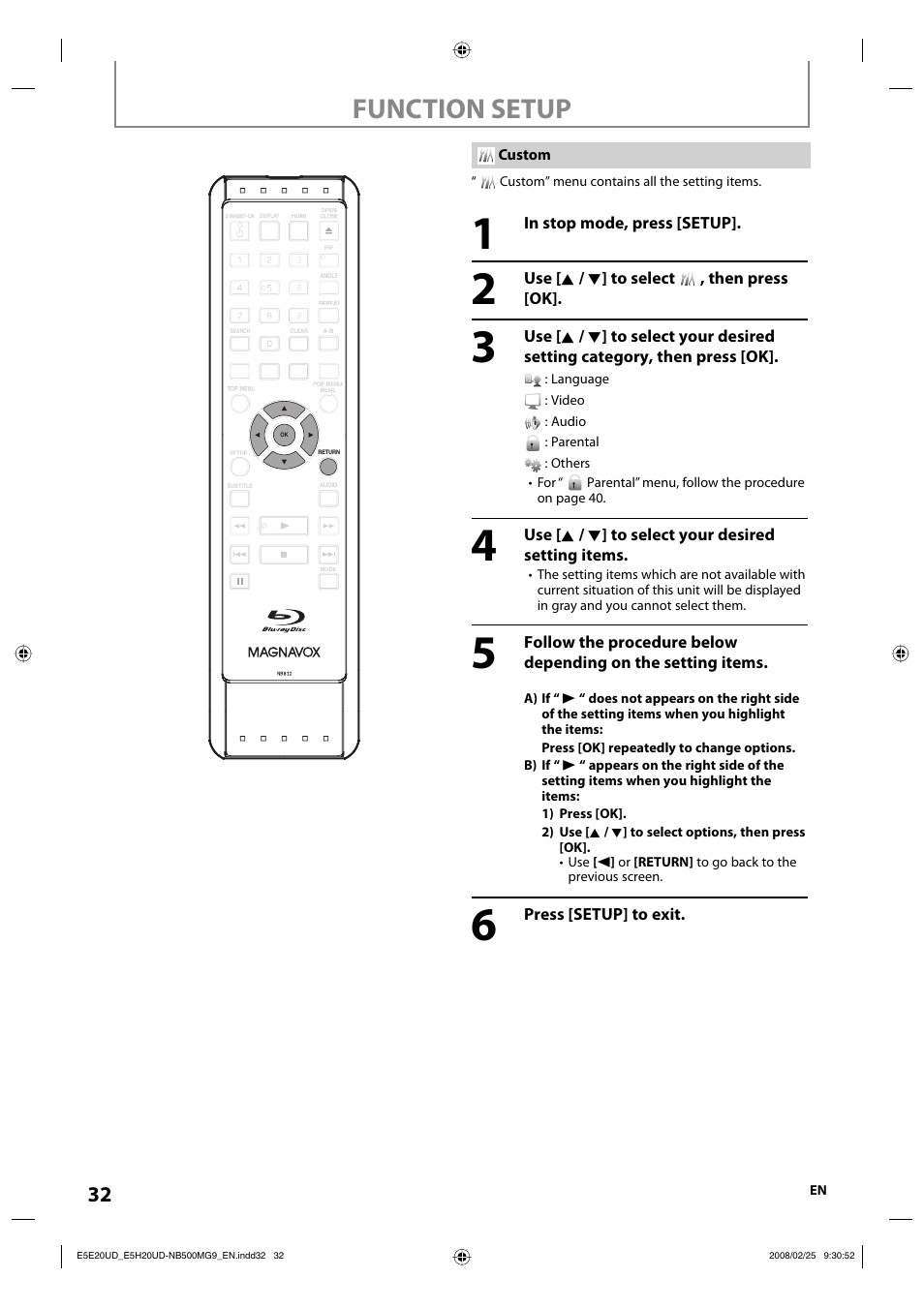 Function setup | Philips Magnavox NB500MG9 User Manual | Page 32 / 50