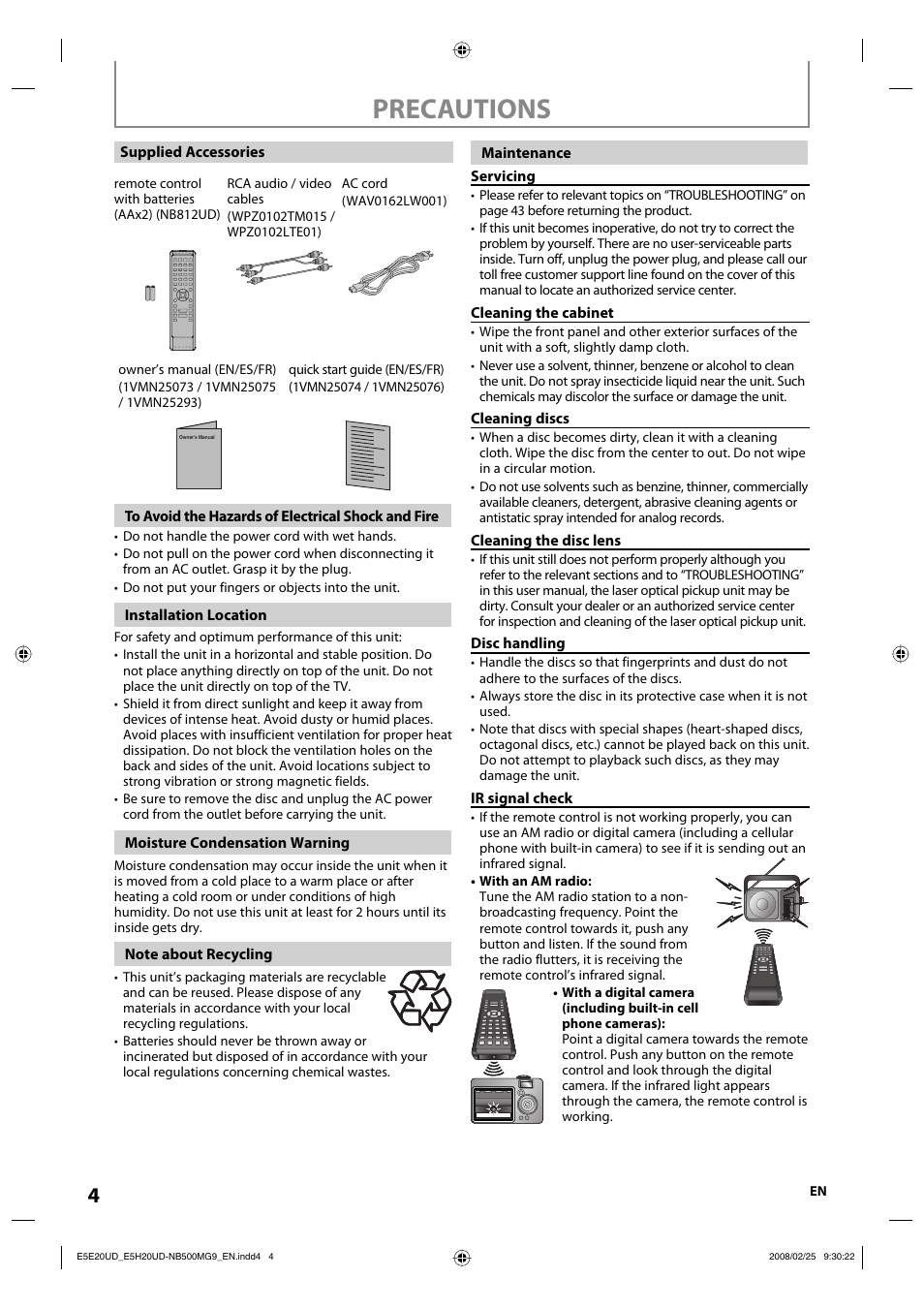 Precautions | Philips Magnavox NB500MG9 User Manual | Page 4 / 50