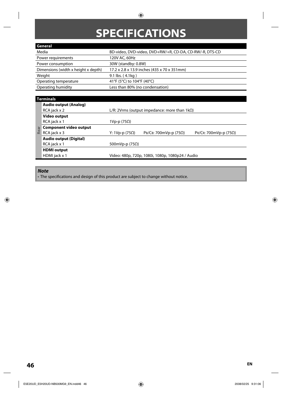 Specifications | Philips Magnavox NB500MG9 User Manual | Page 46 / 50