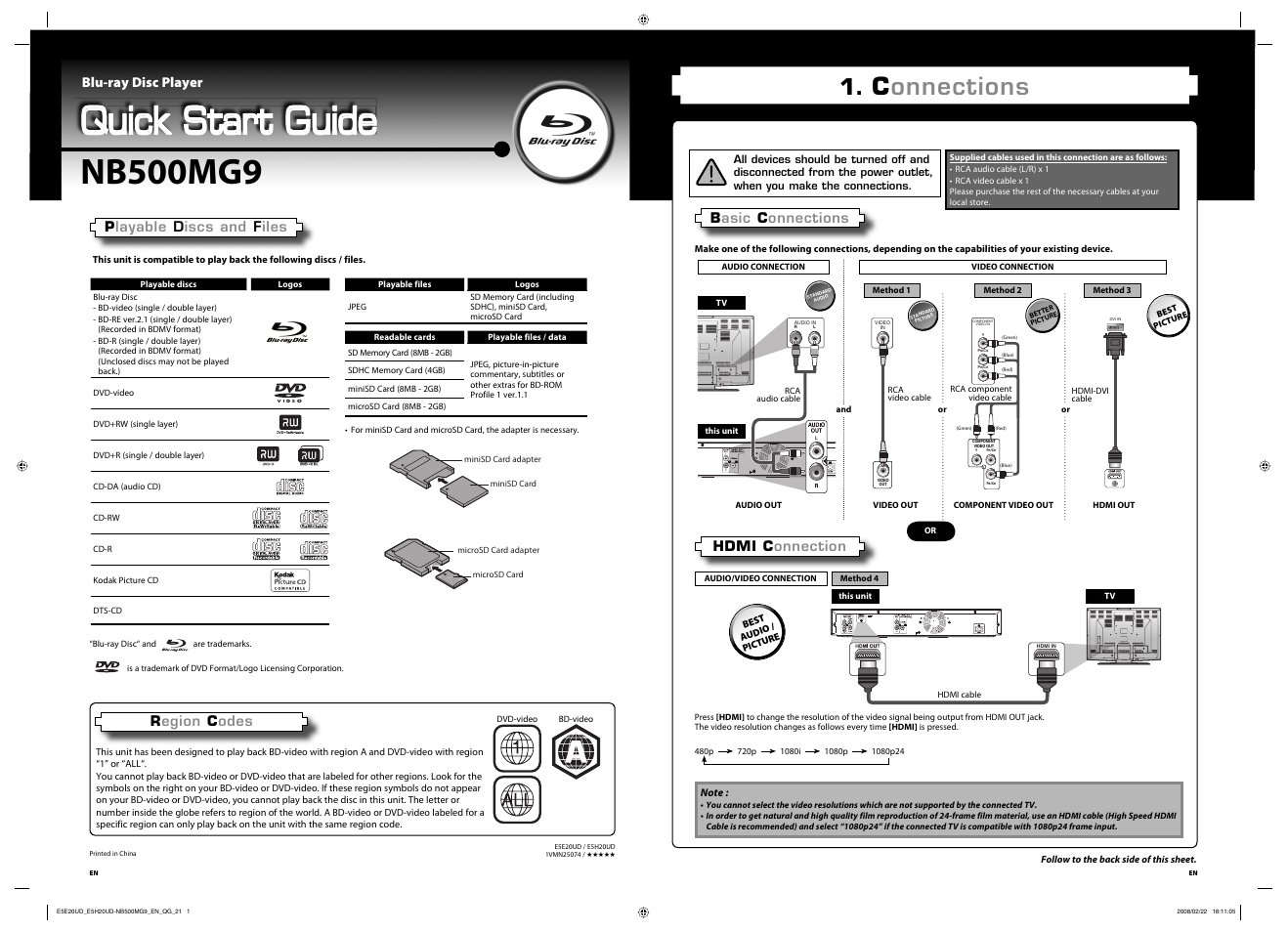 Quick start guide, Nb500mg9, Connections | Blu-ray disc player | Philips Magnavox NB500MG9 User Manual | Page 49 / 50