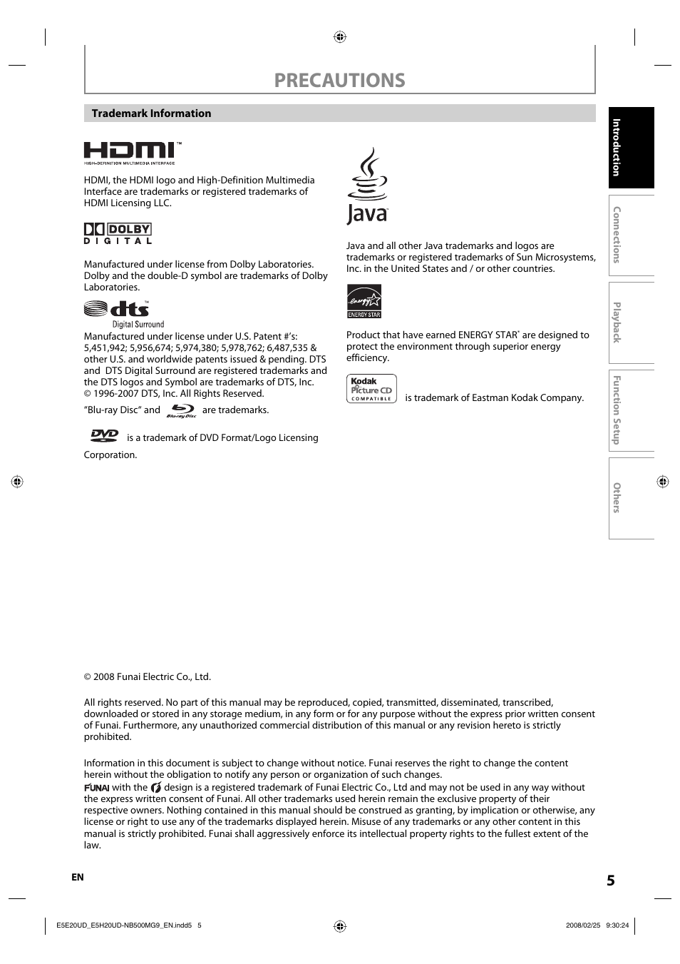 Precautions | Philips Magnavox NB500MG9 User Manual | Page 5 / 50