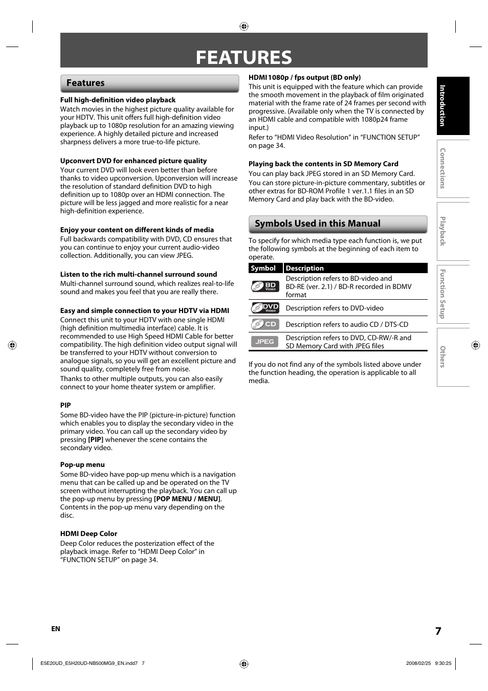 Features, Symbols used in this manual | Philips Magnavox NB500MG9 User Manual | Page 7 / 50