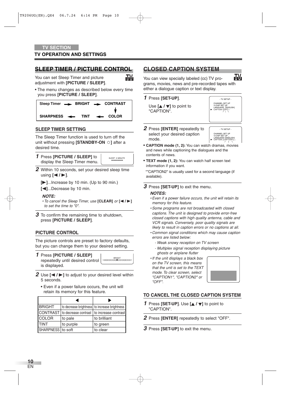 Closed caption system, Sleep timer / picture control, Sleep timer setting | Picture control | Philips Magnavox MWC20D6 User Manual | Page 10 / 36