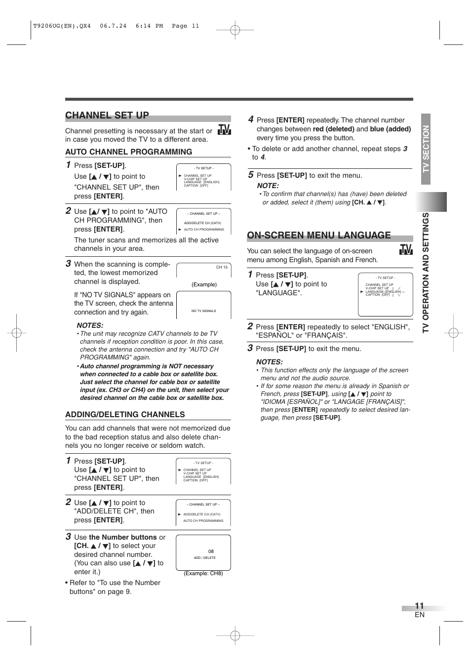 On-screen menu language, Channel set up | Philips Magnavox MWC20D6 User Manual | Page 11 / 36