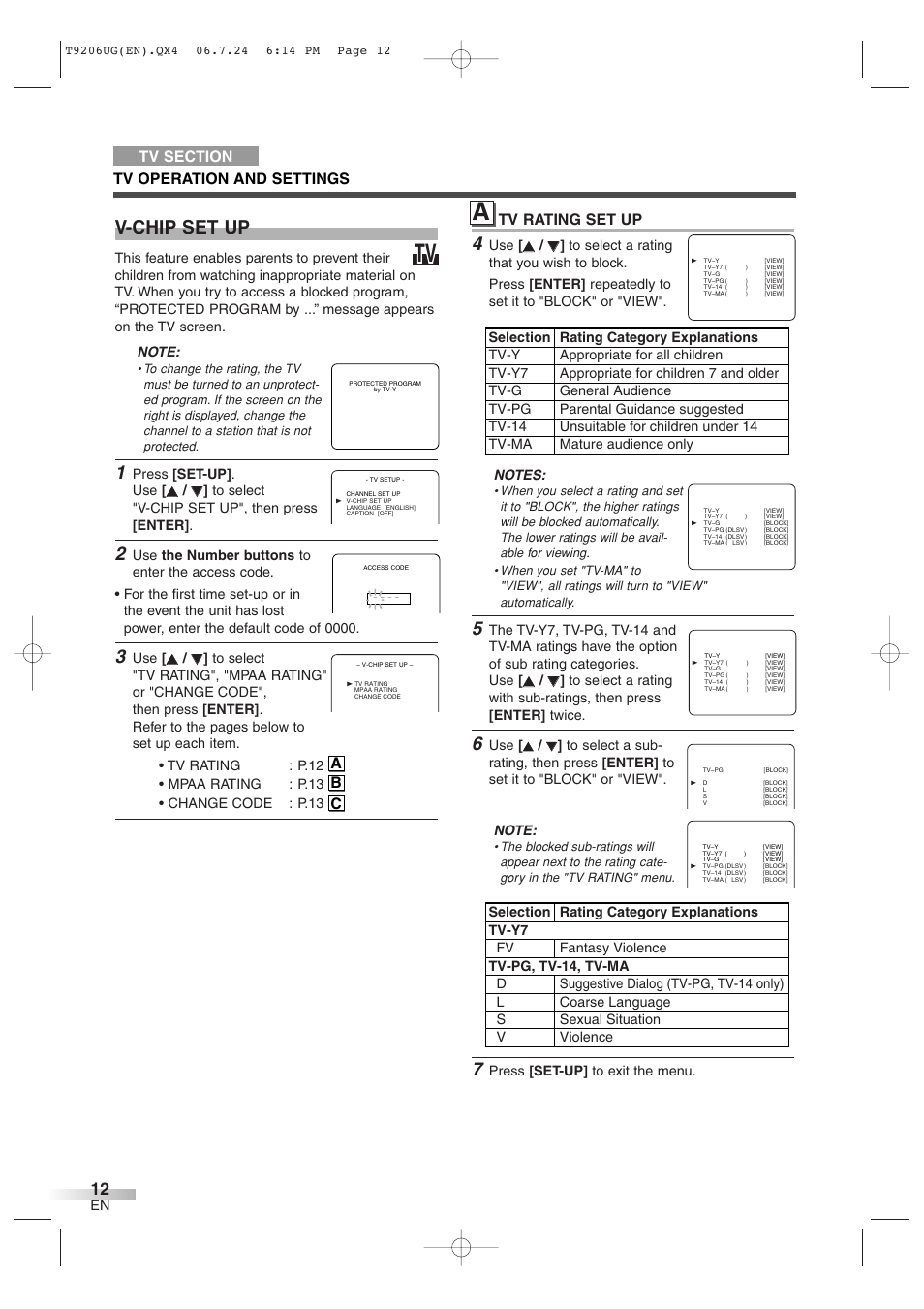 V-chip set up, Tv rating set up, A b c | Philips Magnavox MWC20D6 User Manual | Page 12 / 36