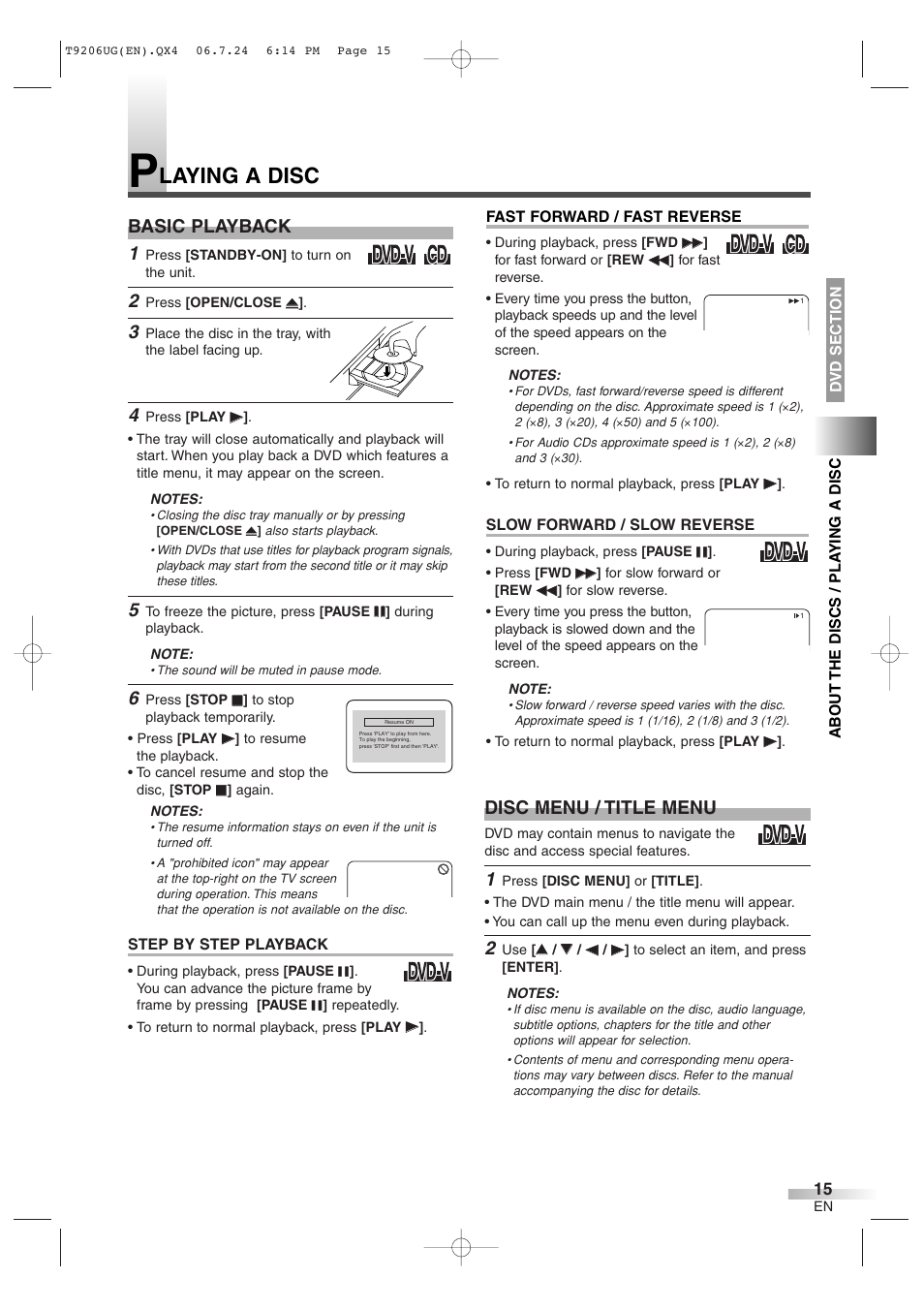 Laying a disc, Basic playback, Disc menu / title menu | Philips Magnavox MWC20D6 User Manual | Page 15 / 36