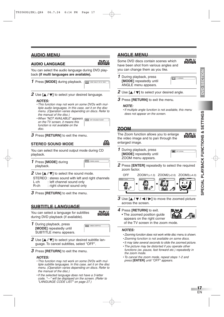 Zoom, Audio menu, Subtitle language | Angle menu | Philips Magnavox MWC20D6 User Manual | Page 17 / 36