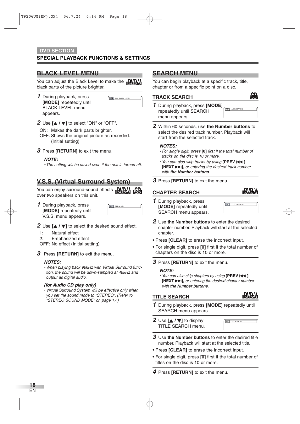 Black level menu, V.s.s. (virtual surround system), Search menu | Philips Magnavox MWC20D6 User Manual | Page 18 / 36