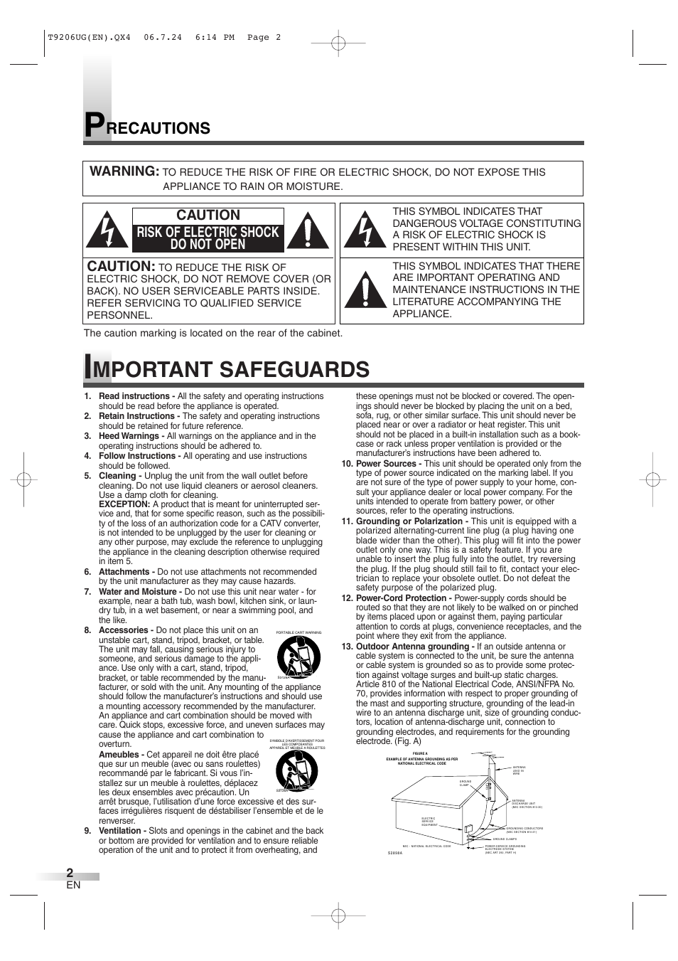 Mportant safeguards, Recautions, Caution | Caution risk of electric shock do not open, Warning | Philips Magnavox MWC20D6 User Manual | Page 2 / 36