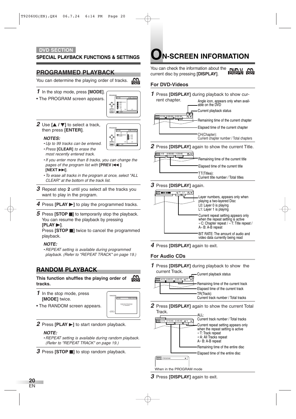 N-screen information, Programmed playback random playback, For dvd-videos | For audio cds | Philips Magnavox MWC20D6 User Manual | Page 20 / 36