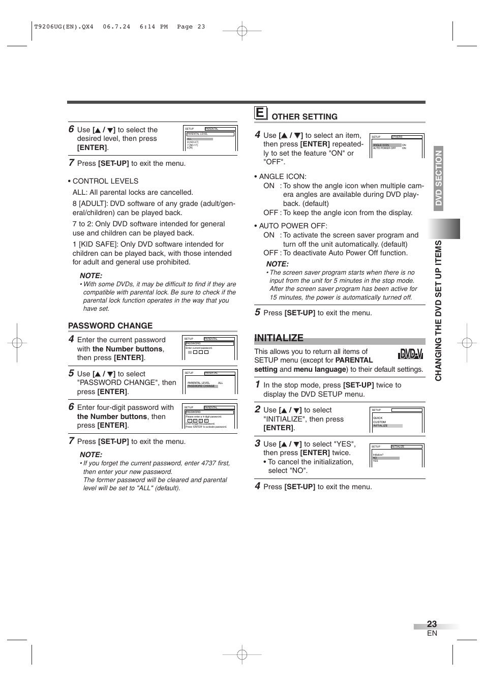 Initialize, Other setting, Password change | Philips Magnavox MWC20D6 User Manual | Page 23 / 36