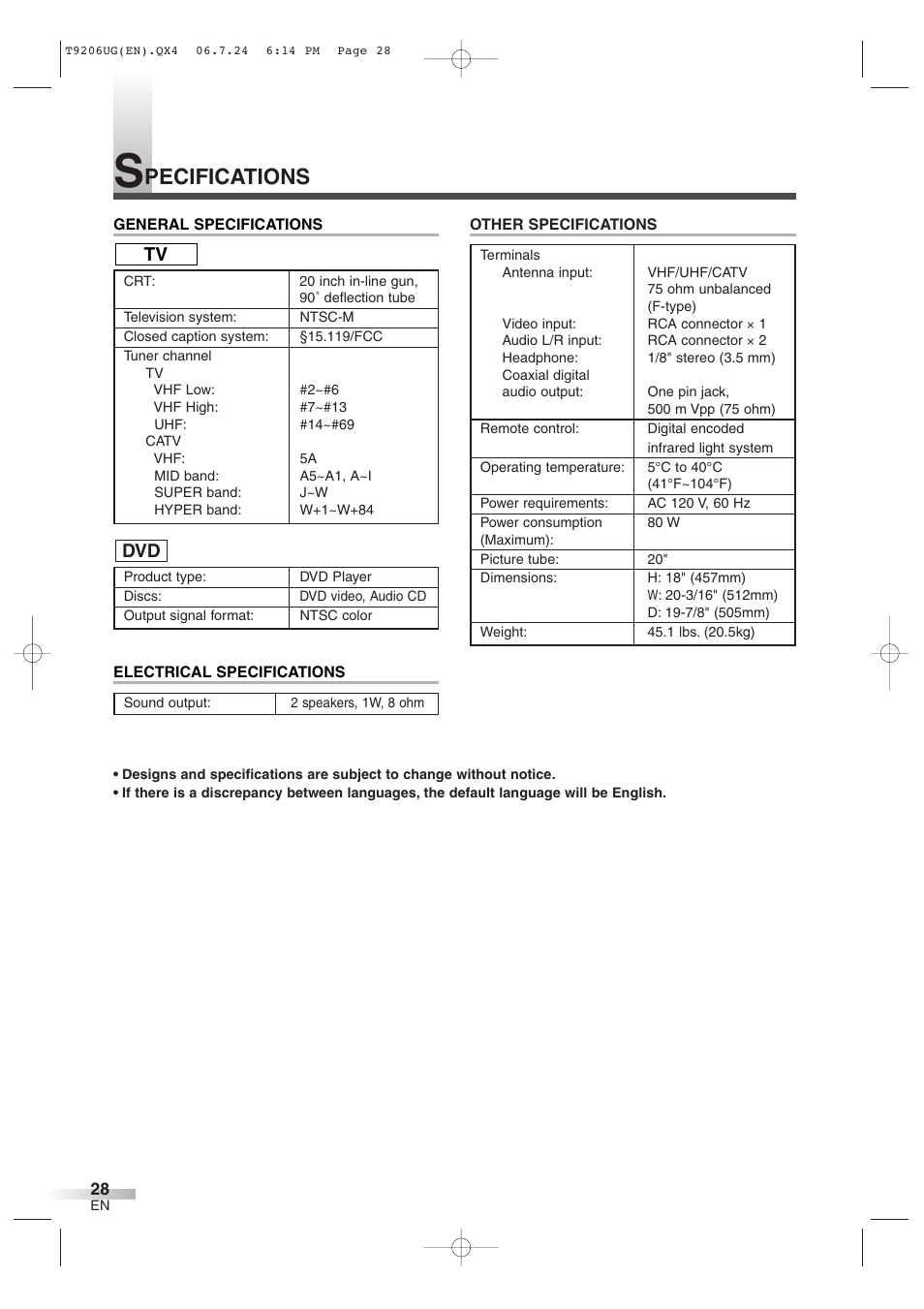 Pecifications | Philips Magnavox MWC20D6 User Manual | Page 28 / 36