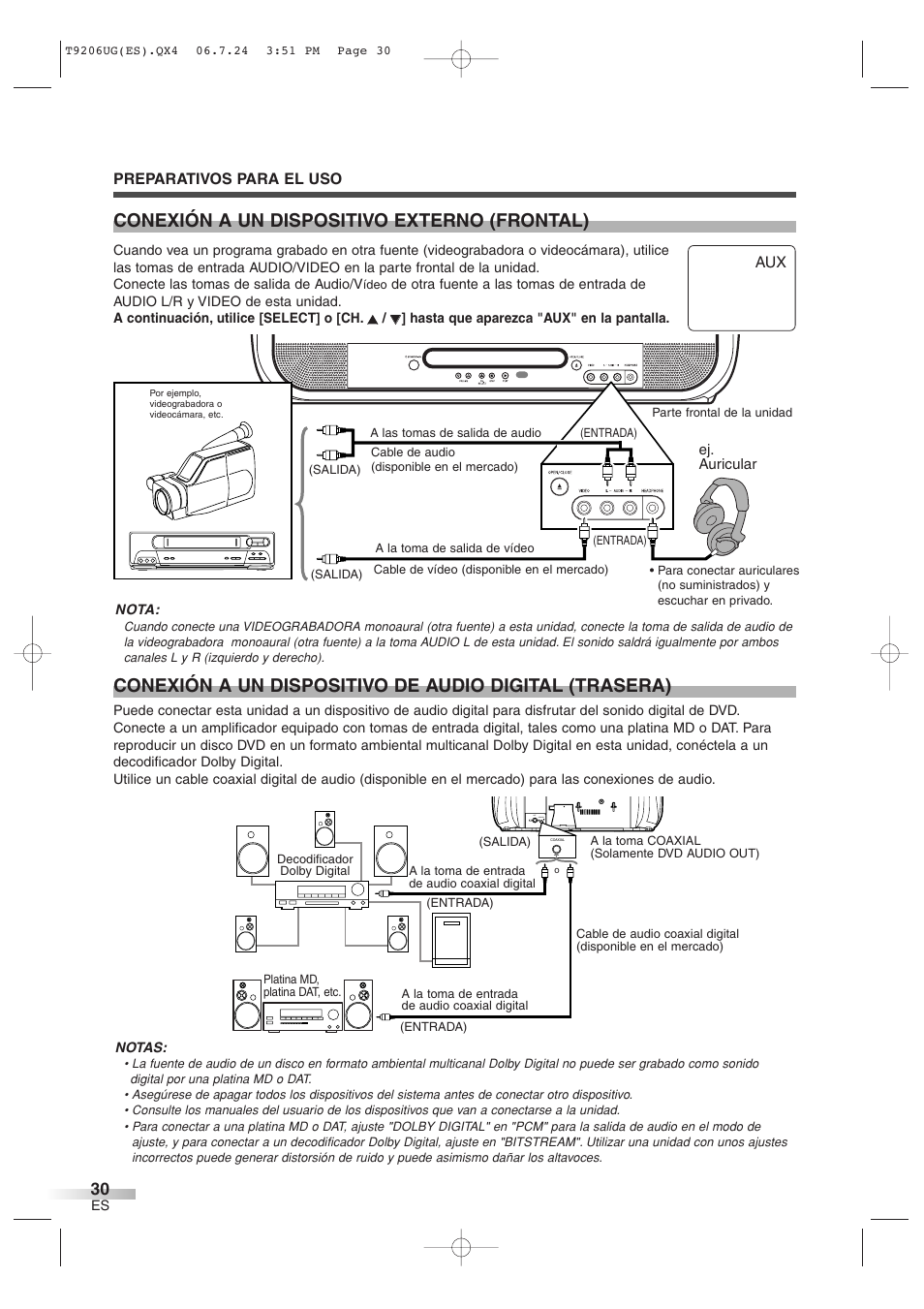 Conexión a un dispositivo externo (frontal) | Philips Magnavox MWC20D6 User Manual | Page 30 / 36