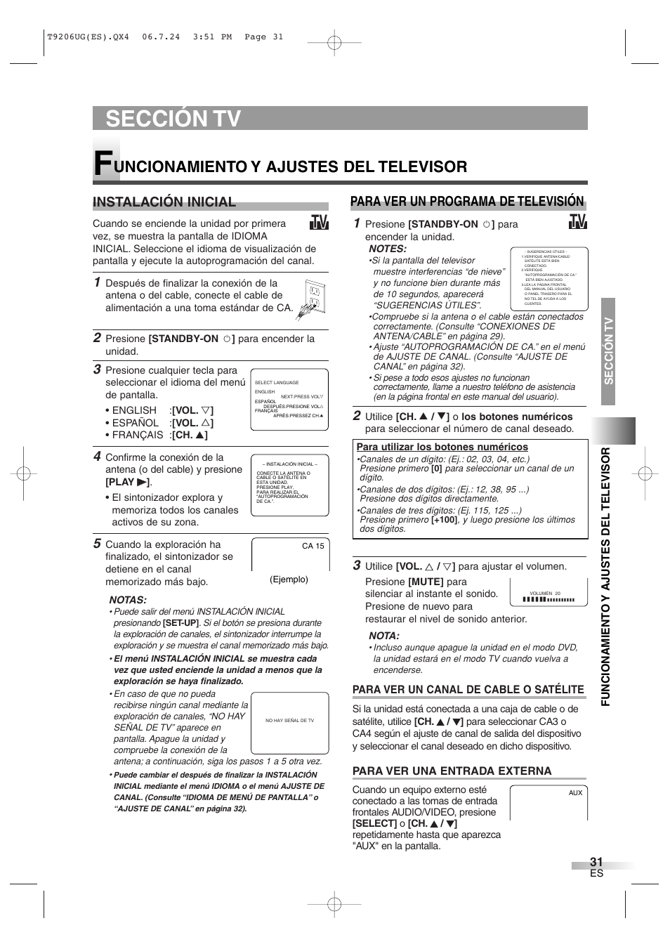 Sección tv, Uncionamiento y ajustes del televisor, Instalación inicial | Para ver un programa de televisión | Philips Magnavox MWC20D6 User Manual | Page 31 / 36