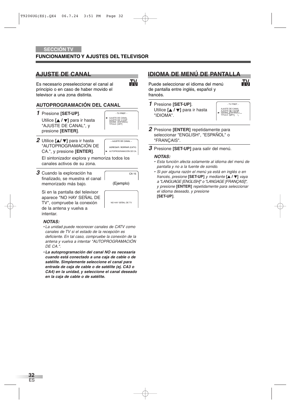 Idioma de menú de pantalla, Ajuste de canal | Philips Magnavox MWC20D6 User Manual | Page 32 / 36