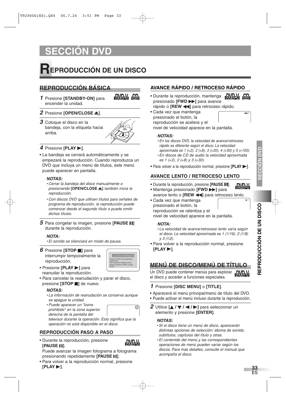 Sección dvd, Eproducción de un disco, Reproducción básica | Menú de disco/menú de título | Philips Magnavox MWC20D6 User Manual | Page 33 / 36