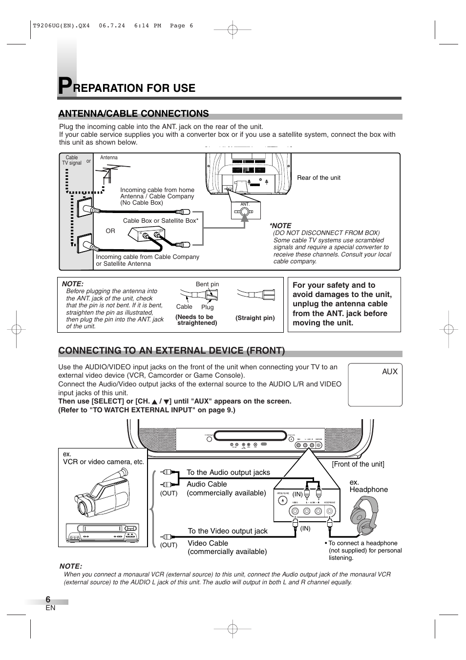 Reparation for use, Antenna/cable connections, Connecting to an external device (front) | Philips Magnavox MWC20D6 User Manual | Page 6 / 36