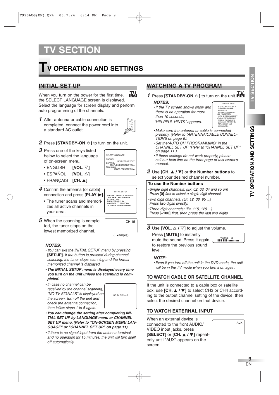 V operation and settings, Watching a tv program, Initial set up | Philips Magnavox MWC20D6 User Manual | Page 9 / 36