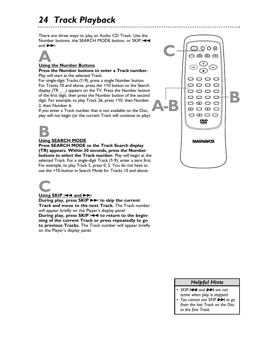 A-b b c, 24 track playback, Helpful hints | Philips Magnavox MDV453 User Manual | Page 24 / 48