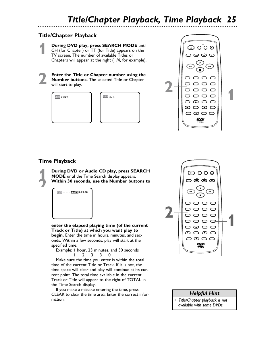 Title/chapter playback, time playback 25, Time playback, Title/chapter playback | Helpful hint | Philips Magnavox MDV453 User Manual | Page 25 / 48