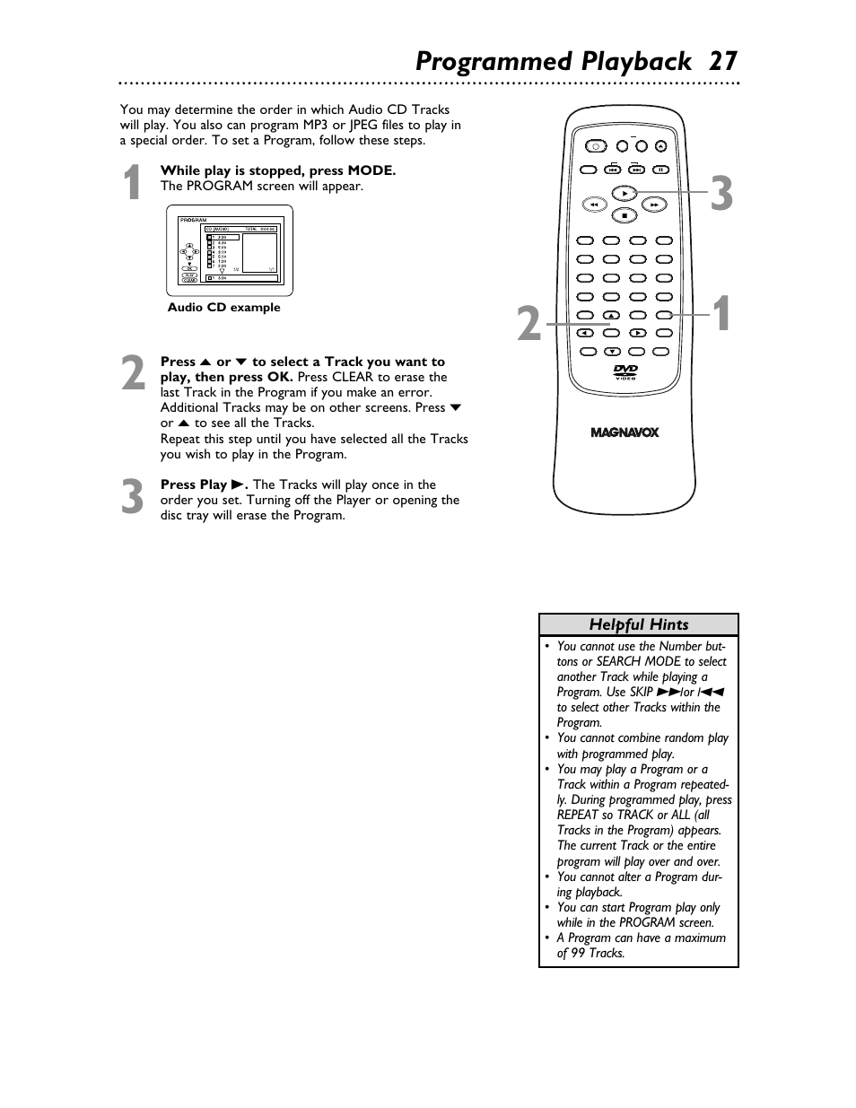 Programmed playback 27, Helpful hints | Philips Magnavox MDV453 User Manual | Page 27 / 48