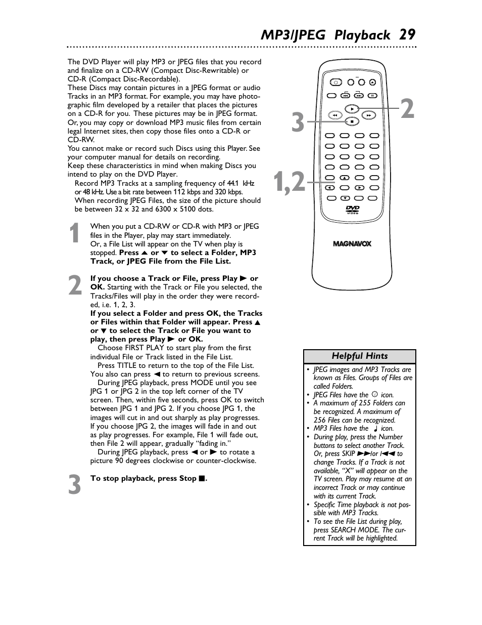 Mp3/jpeg playback, Helpful hints | Philips Magnavox MDV453 User Manual | Page 29 / 48