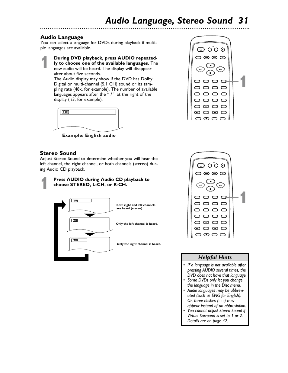 Audio language, stereo sound 3 1, Audio language, Helpful hints stereo sound | Example: english audio | Philips Magnavox MDV453 User Manual | Page 31 / 48