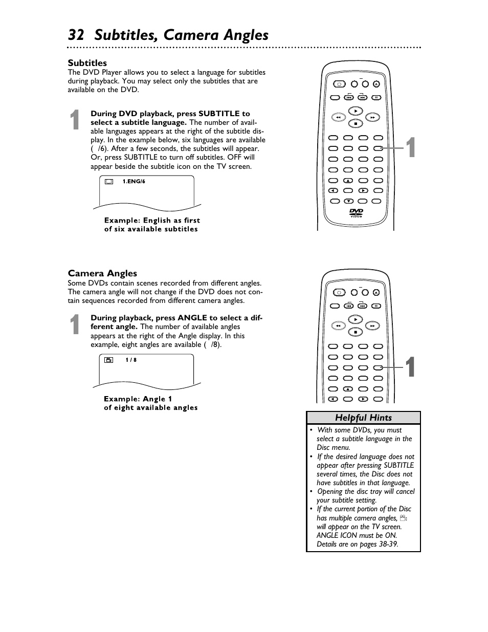 32 subtitles, camera angles, Helpful hints camera angles, Subtitles | Philips Magnavox MDV453 User Manual | Page 32 / 48