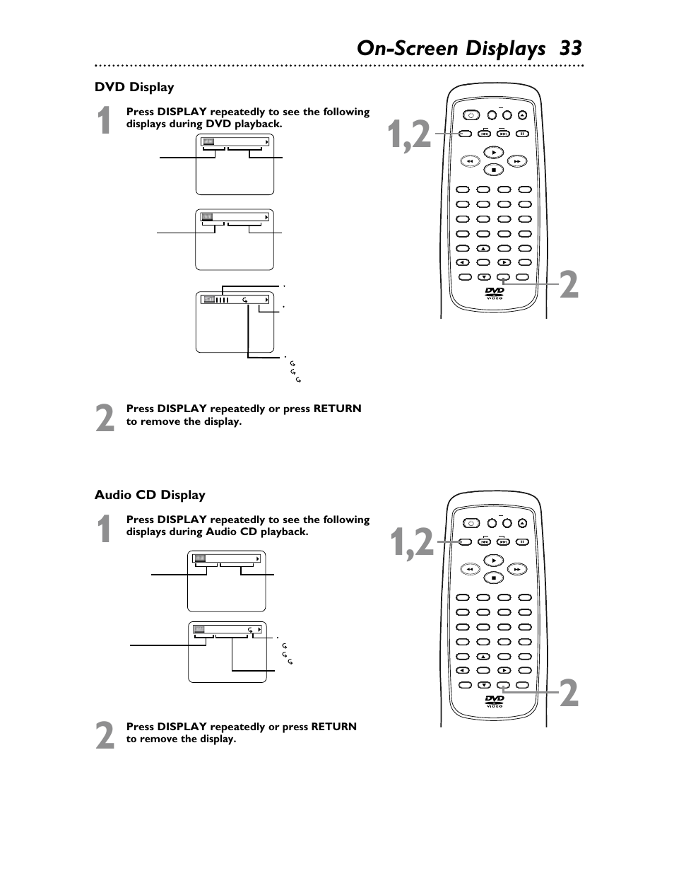 On-screen displays 33, Audio cd display, Dvd display | Philips Magnavox MDV453 User Manual | Page 33 / 48