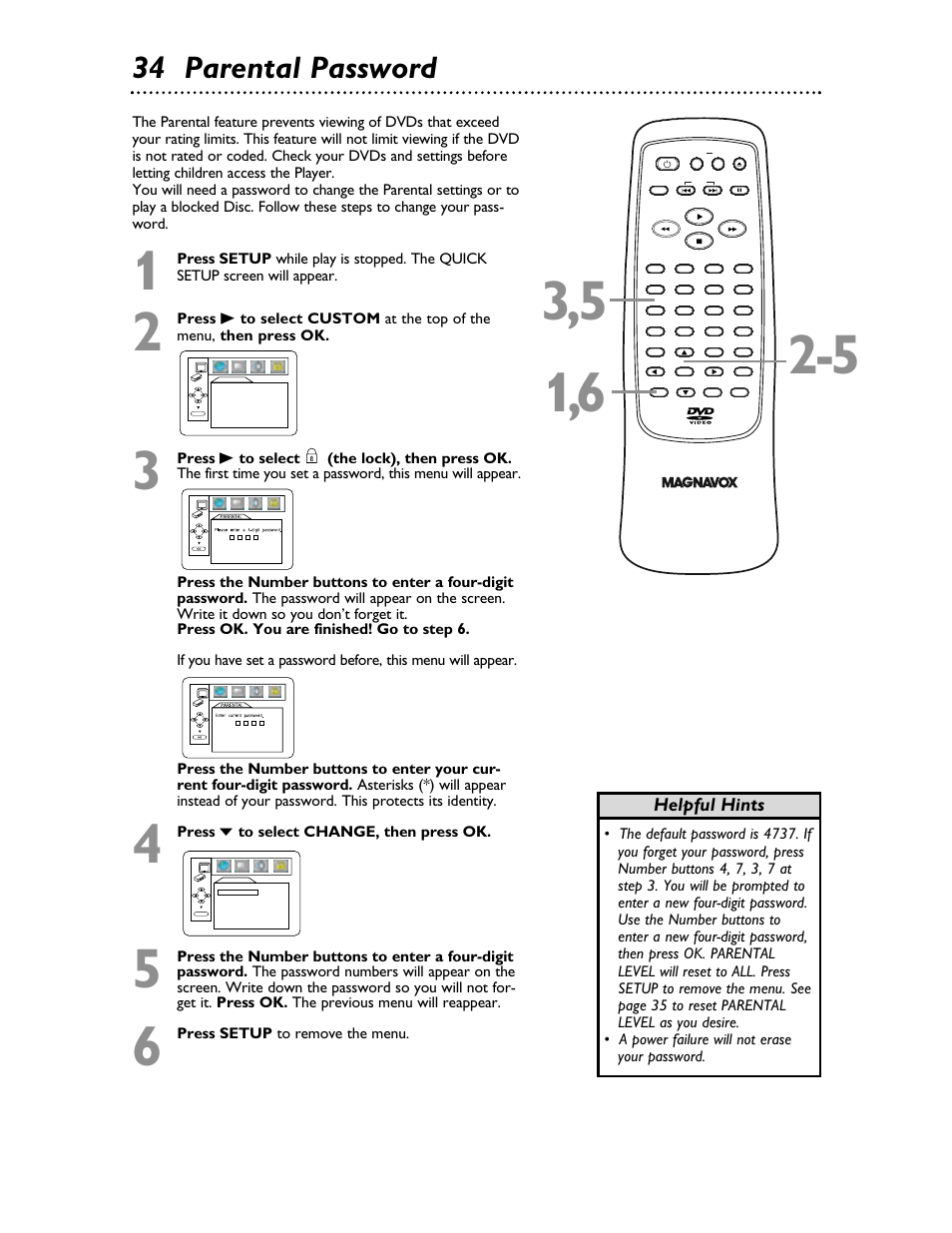 34 parental password, Helpful hints | Philips Magnavox MDV453 User Manual | Page 34 / 48