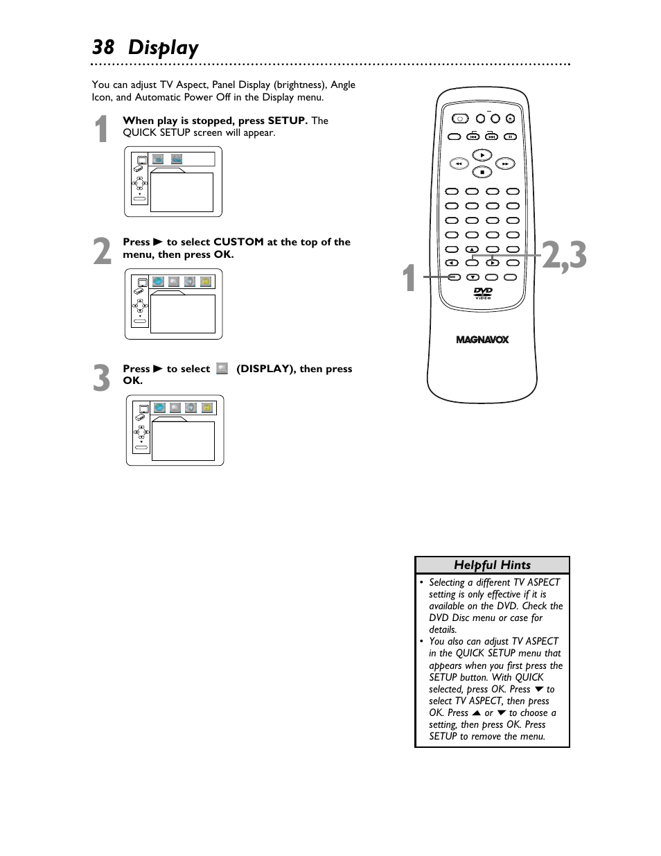 38 display, Helpful hints, Press b to select (display), then press ok | Philips Magnavox MDV453 User Manual | Page 38 / 48