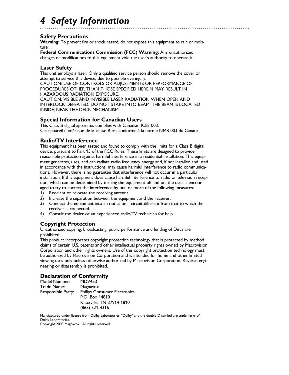 4 safety information | Philips Magnavox MDV453 User Manual | Page 4 / 48