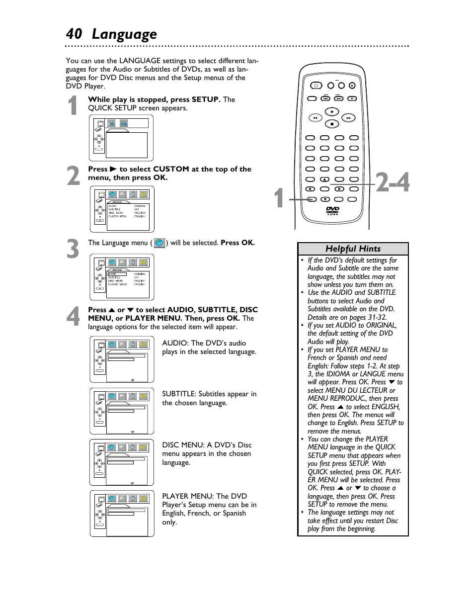 40 language, Helpful hints | Philips Magnavox MDV453 User Manual | Page 40 / 48