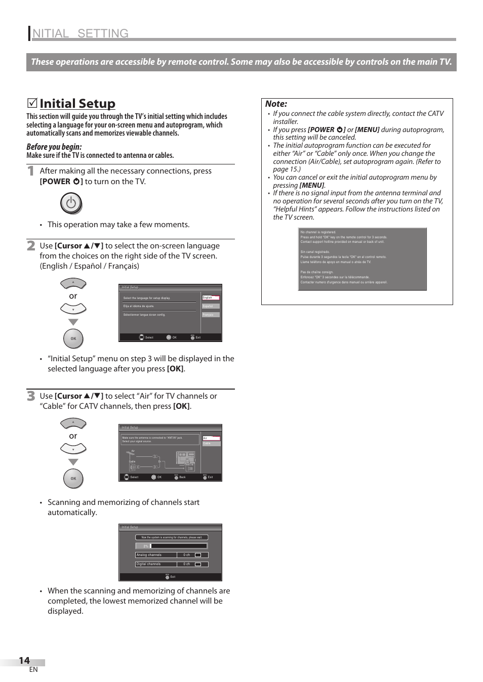 Nitial setting, Initial setup, Before you begin | Philips Magnavox 32MF338B User Manual | Page 14 / 38