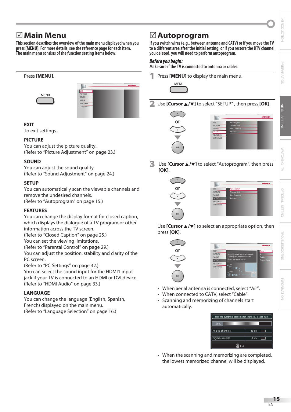 Main menu, 5autoprogram, Before you begin | Press [menu, Press [menu] to display the main menu | Philips Magnavox 32MF338B User Manual | Page 15 / 38