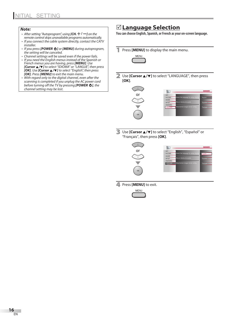 Nitial setting, Language selection | Philips Magnavox 32MF338B User Manual | Page 16 / 38