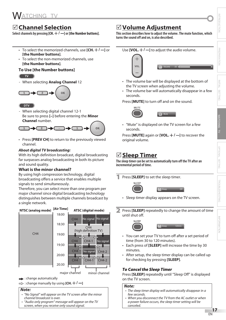 Atching tv, Channel selection, Volume adjustment | Sleep timer | Philips Magnavox 32MF338B User Manual | Page 17 / 38