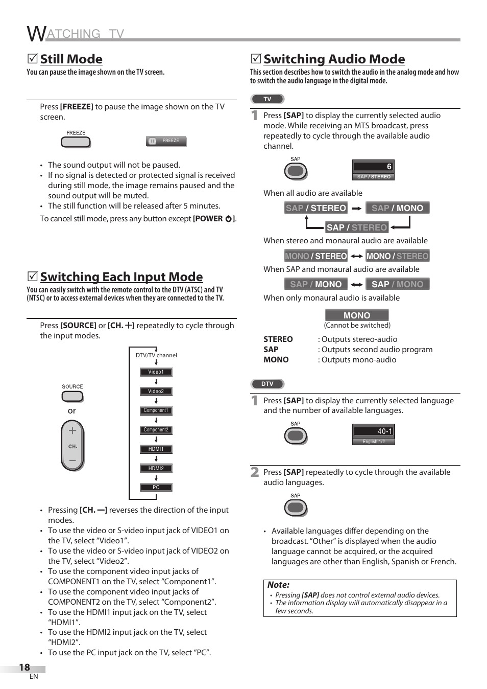 Atching tv, Still mode, Switching each input mode | Switching audio mode | Philips Magnavox 32MF338B User Manual | Page 18 / 38