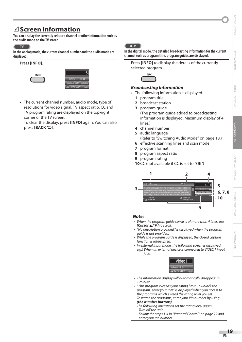 Screen information, Broadcasting information, Video1 | Troubleshooting information | Philips Magnavox 32MF338B User Manual | Page 19 / 38