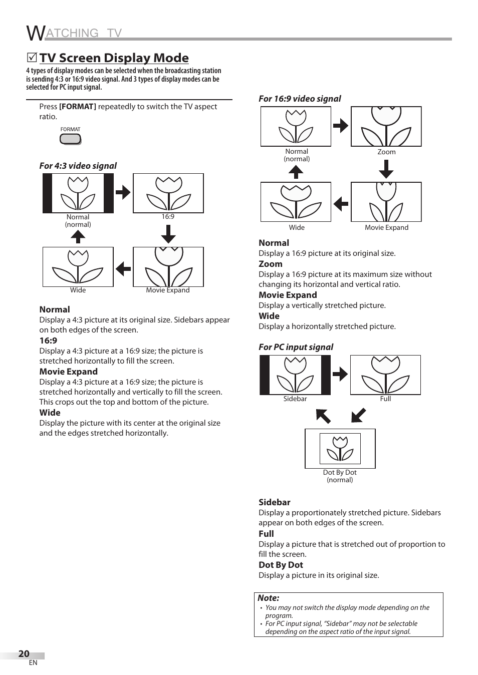 Atching tv, Tv screen display mode | Philips Magnavox 32MF338B User Manual | Page 20 / 38