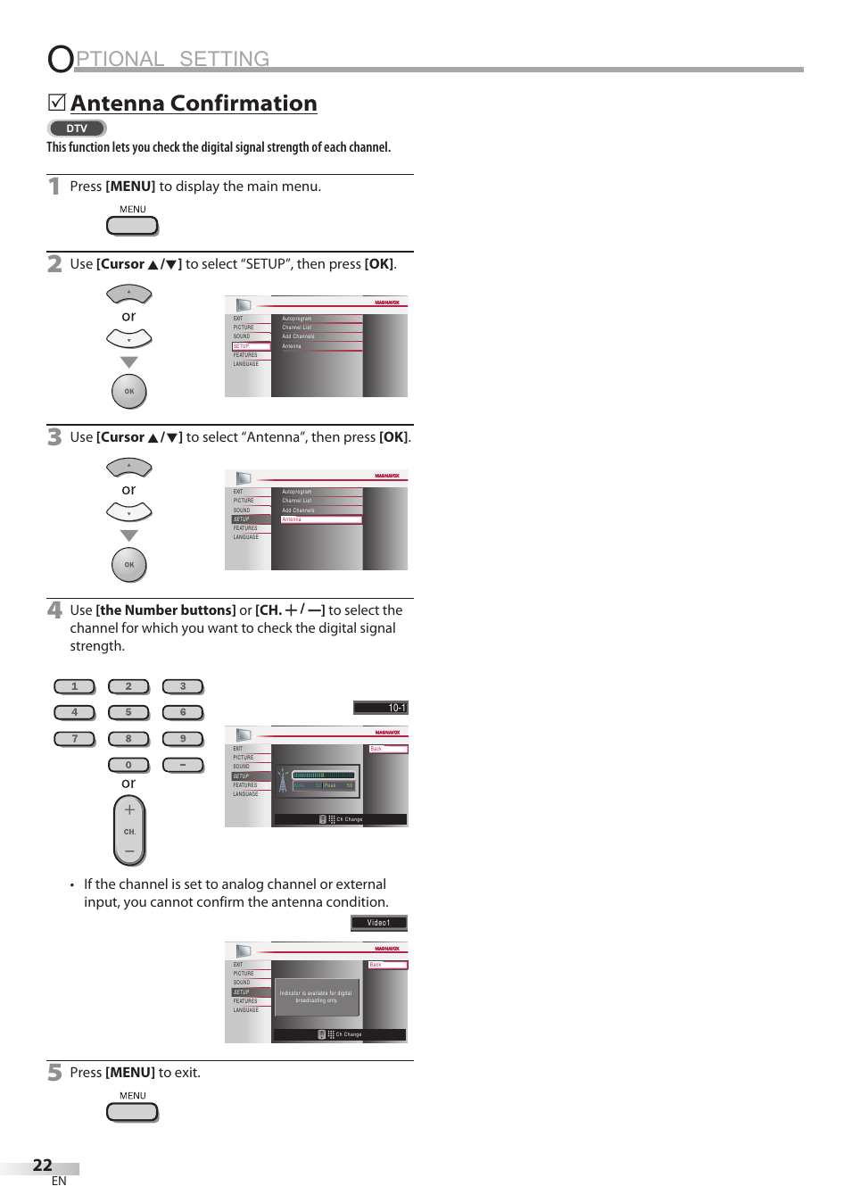 Ptional setting, Antenna confirmation, Press [menu] to display the main menu | Press [menu] to exit | Philips Magnavox 32MF338B User Manual | Page 22 / 38