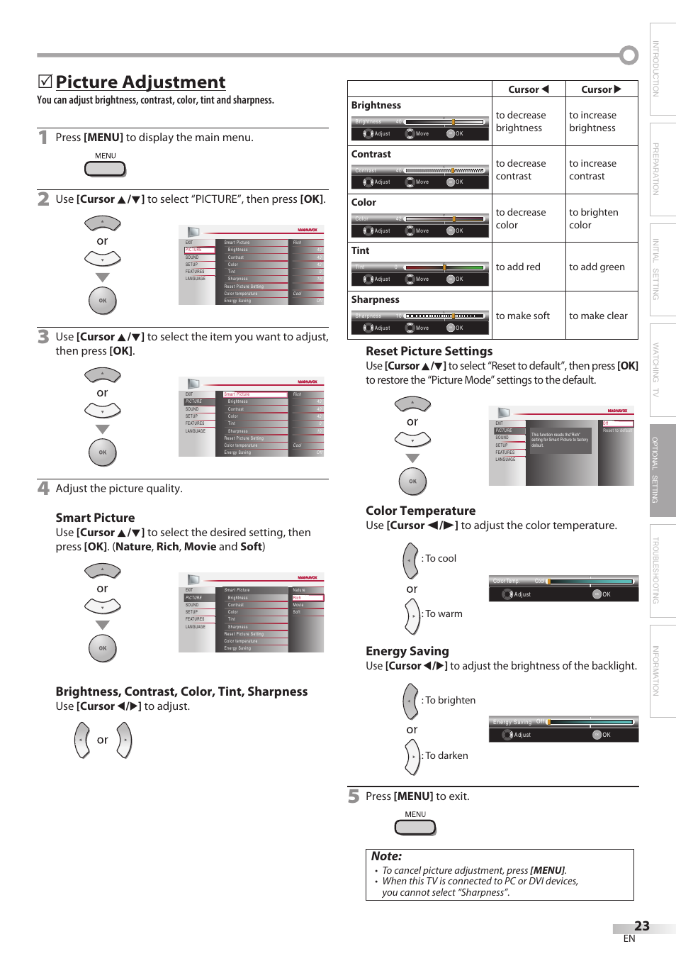 Picture adjustment, Smart picture, Brightness, contrast, color, tint, sharpness | Reset picture settings, Color temperature, Energy saving, Troubleshooting information, Press [menu] to display the main menu, Adjust the picture quality, Use [cursor s / b ] to adjust | Philips Magnavox 32MF338B User Manual | Page 23 / 38