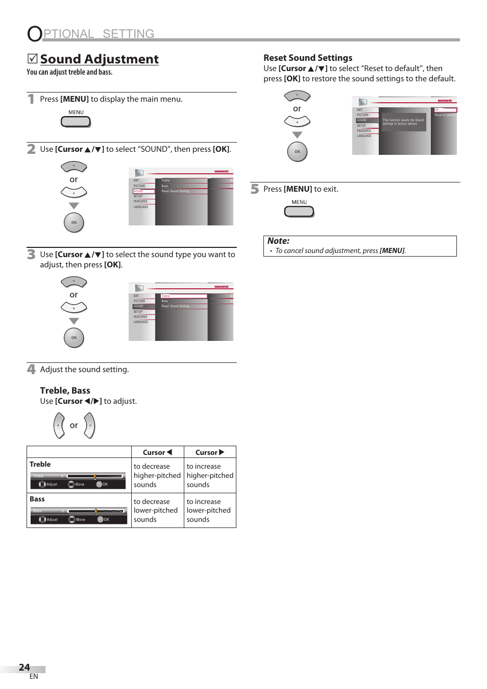 Ptional setting, Sound adjustment, Treble, bass | Reset sound settings | Philips Magnavox 32MF338B User Manual | Page 24 / 38