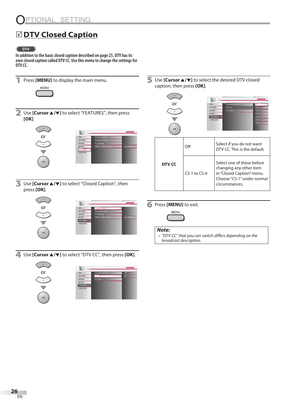 Ptional setting, Dtv closed caption, Press [menu] to display the main menu | Press [menu] to exit | Philips Magnavox 32MF338B User Manual | Page 26 / 38