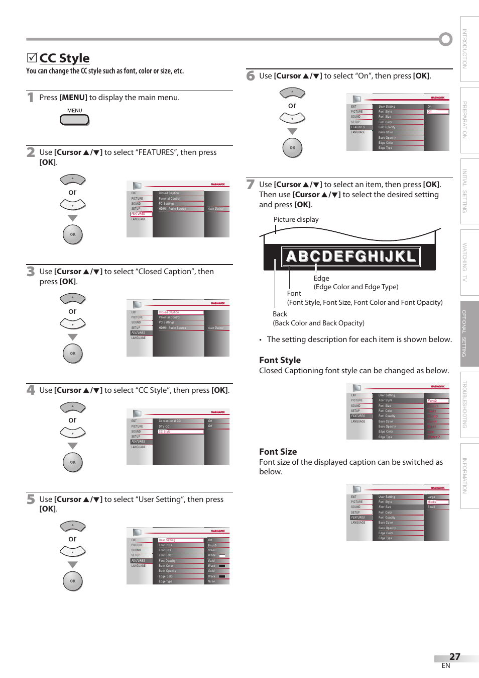 Cc style, Font style, Font size | Troubleshooting information, Press [menu] to display the main menu, Use [cursor k / l ] to select “on”, then press [ok, Optional setting | Philips Magnavox 32MF338B User Manual | Page 27 / 38