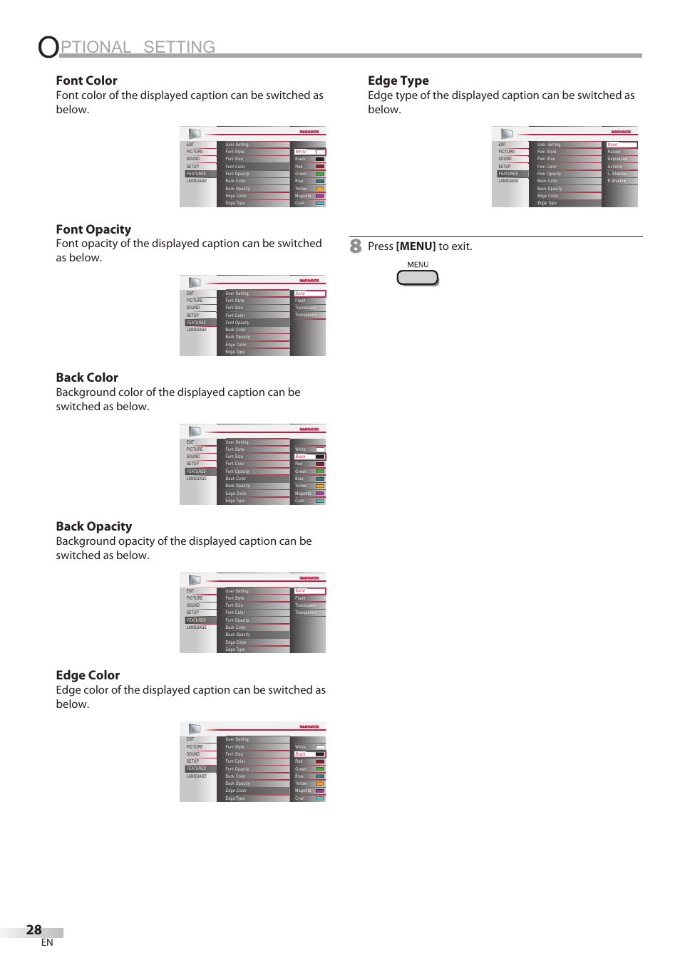 Ptional setting, Font color, Font opacity | Back color, Back opacity, Edge color, Edge type, Press [menu] to exit | Philips Magnavox 32MF338B User Manual | Page 28 / 38