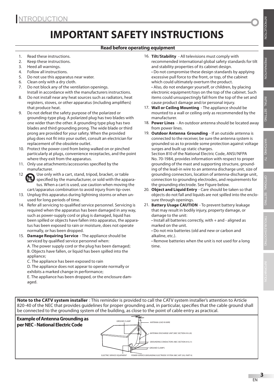 Important safety instructions, Ntroduction | Philips Magnavox 32MF338B User Manual | Page 3 / 38