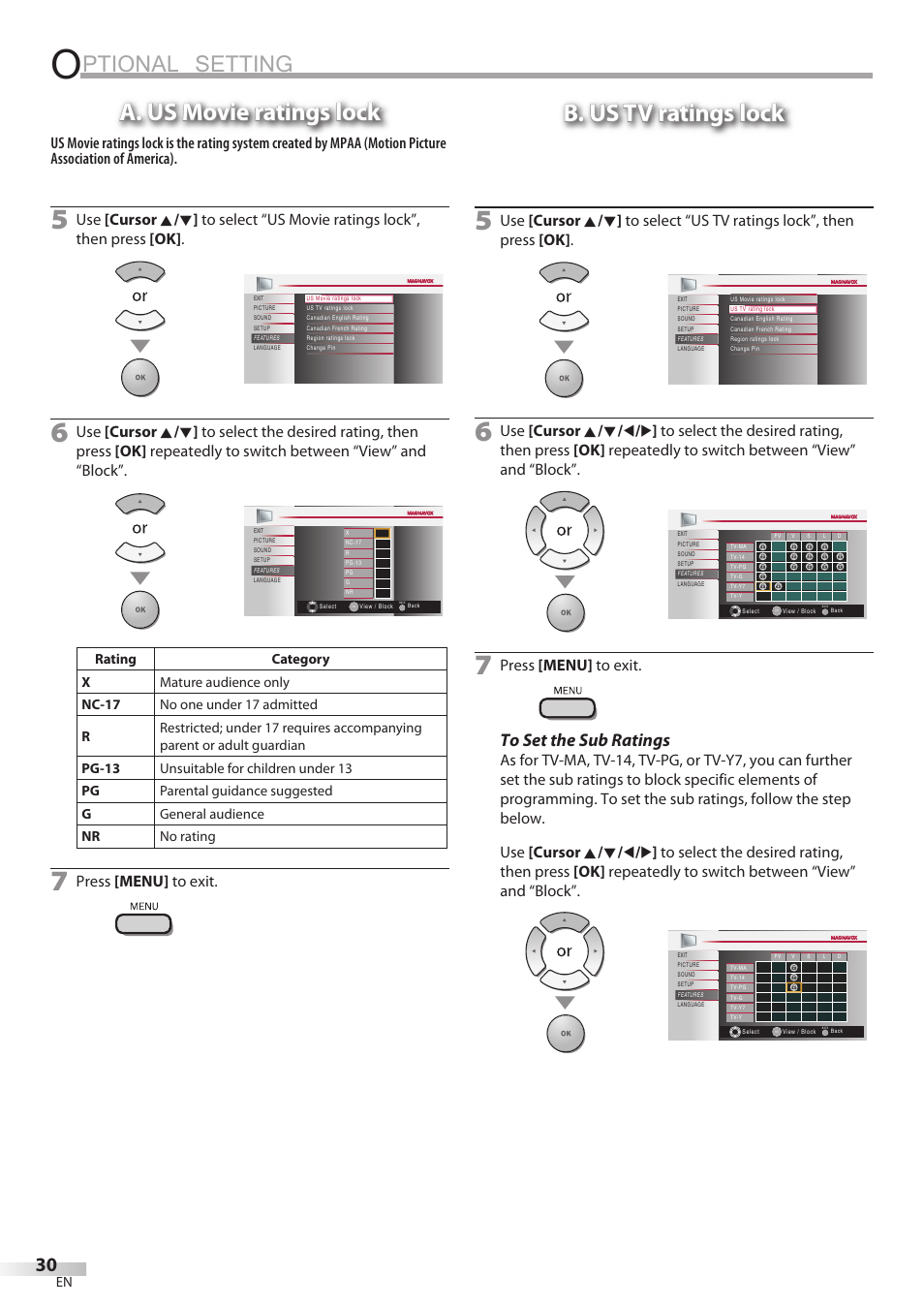 Ptional setting, A. us movie ratings lock, B. us tv ratings lock | Press [menu] to exit | Philips Magnavox 32MF338B User Manual | Page 30 / 38